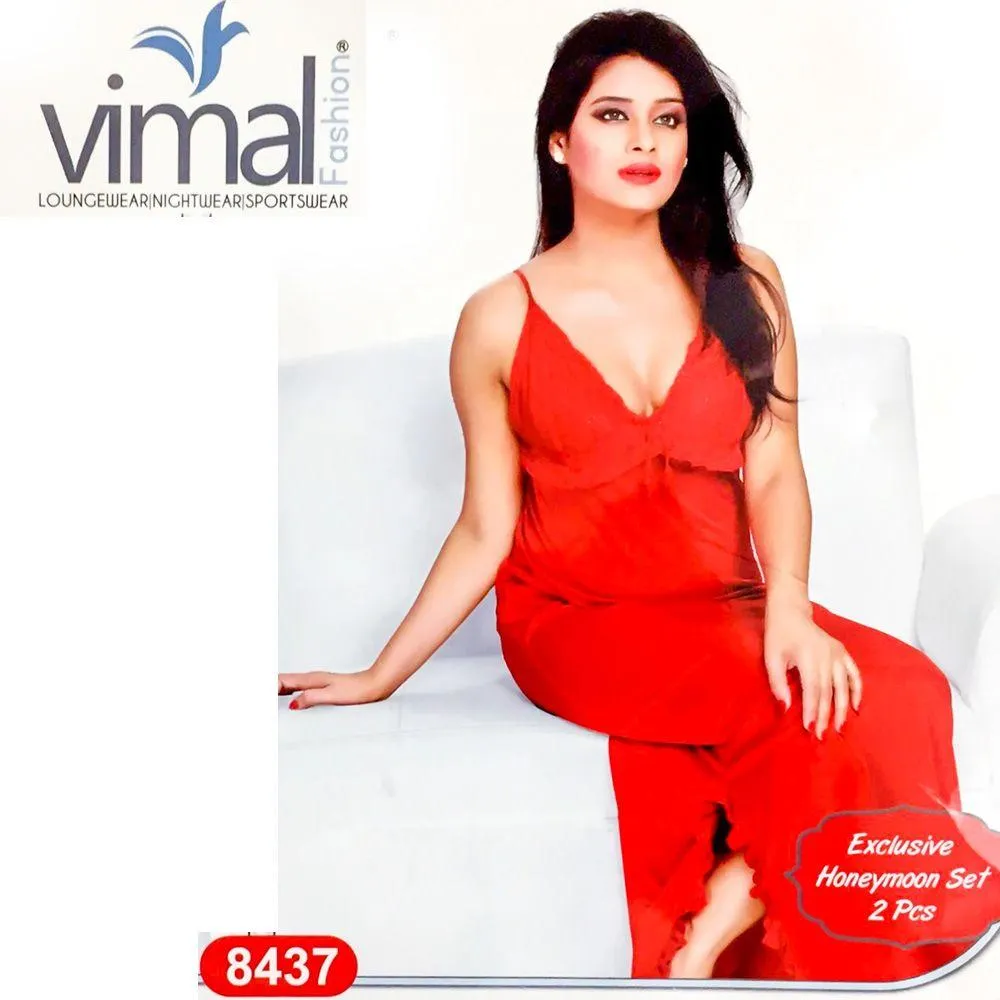2 Pcs Princess Nighty Set with Gown - V8437 - Satin Silk Nighty by Vimal Fashion