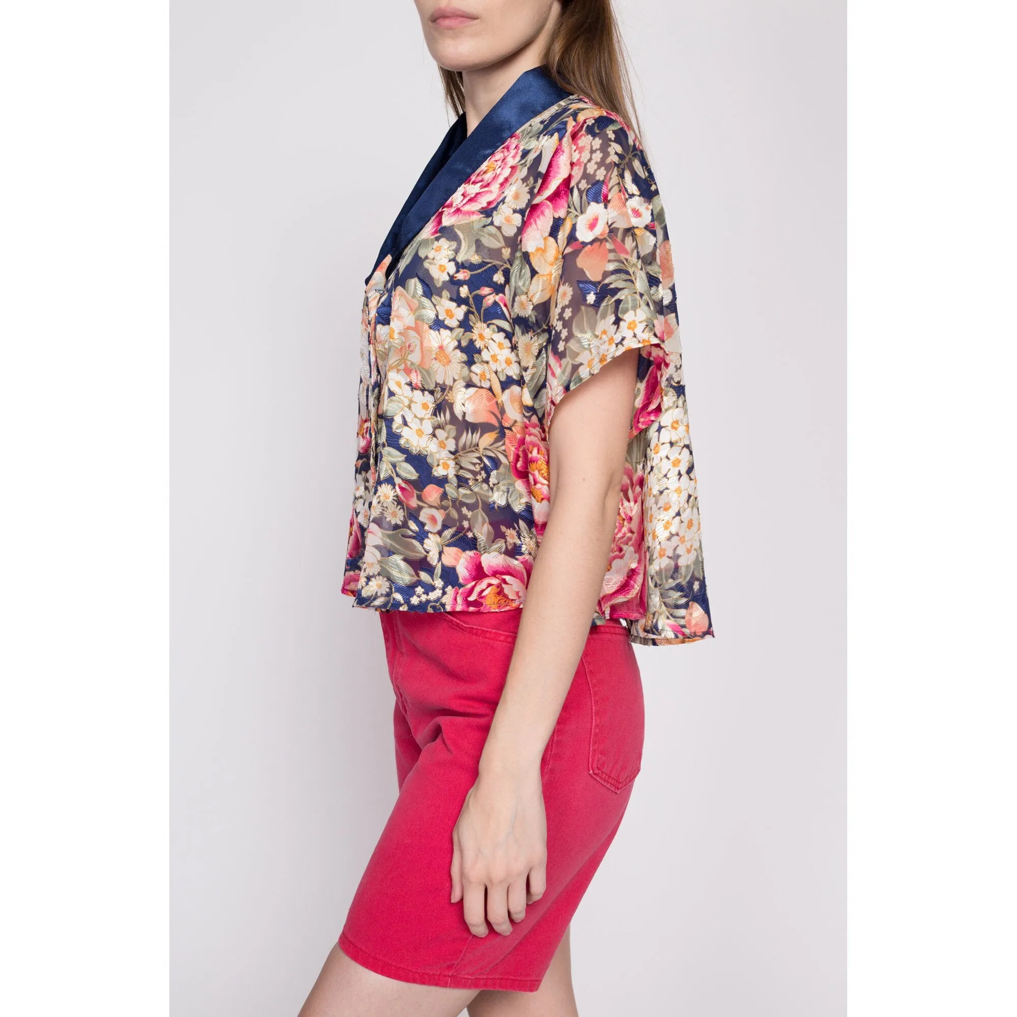 90s Sheer Floral Loungewear Crop Top - One Size