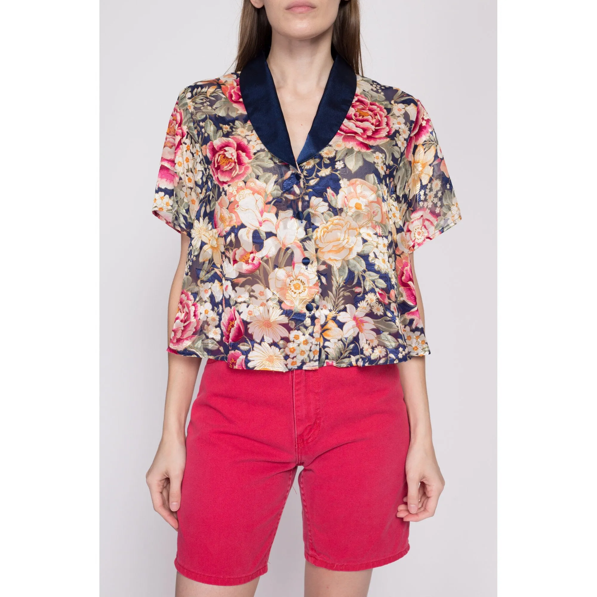 90s Sheer Floral Loungewear Crop Top - One Size