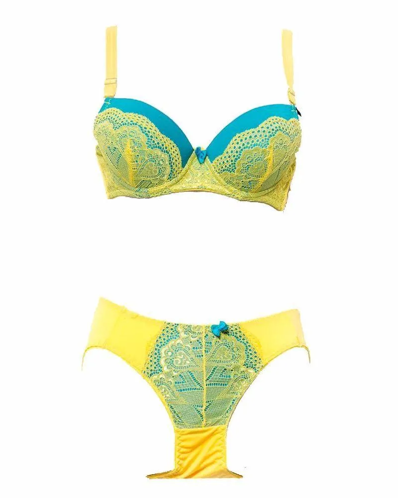 Bridal Bra Panty Sets - Single Padded - Wedding Undergarments - Yellow & Green