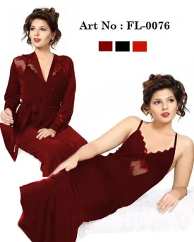 Bridal Net Nighty - FL-0076 - Maroon Flourish 2 Piece Nightwear