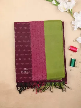 Burgundy Silk Cotton Saree with Arrow Motif Design on the Body with Contrast Border