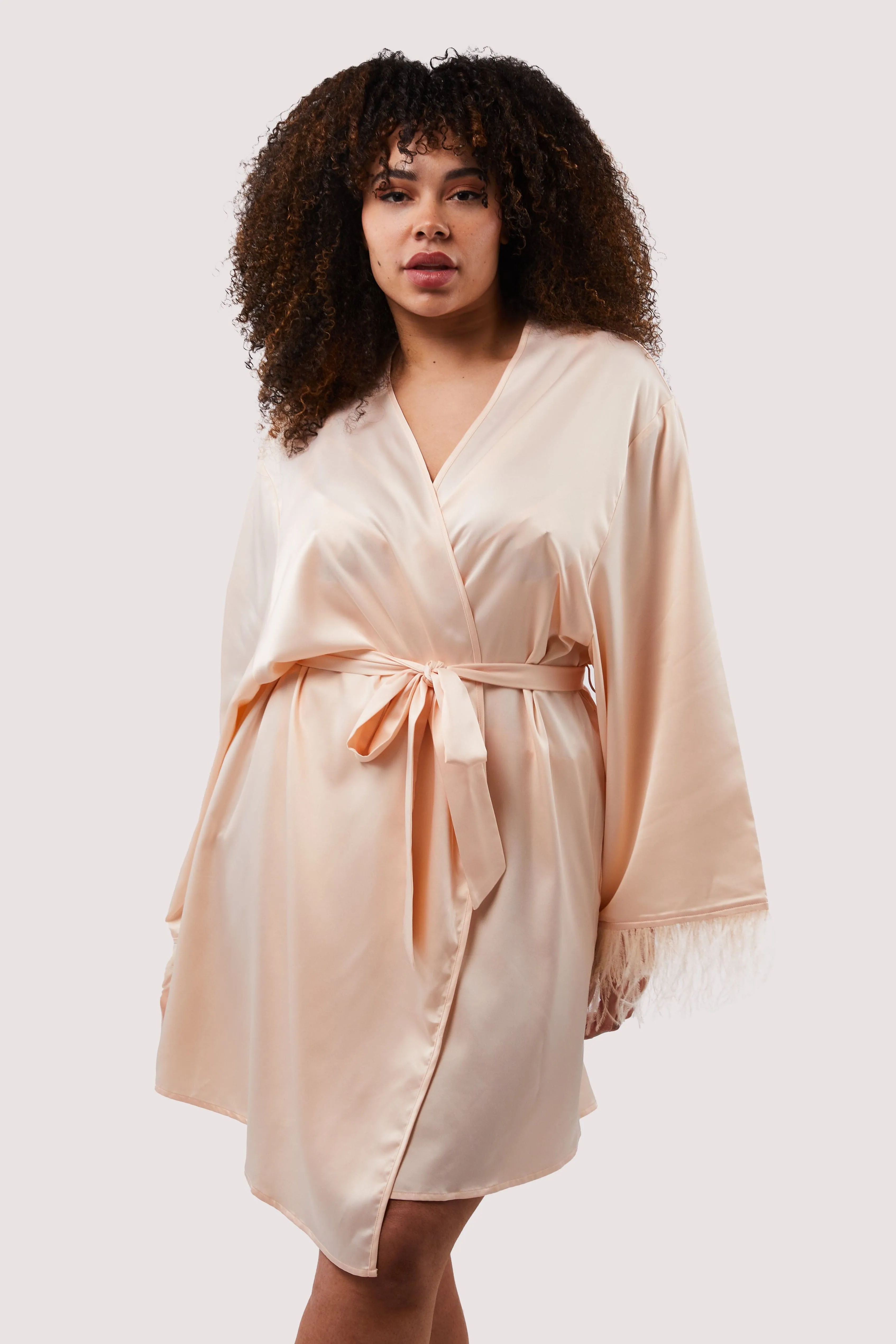 Cassiopeia Blush Pink Satin And Feather Kimono
