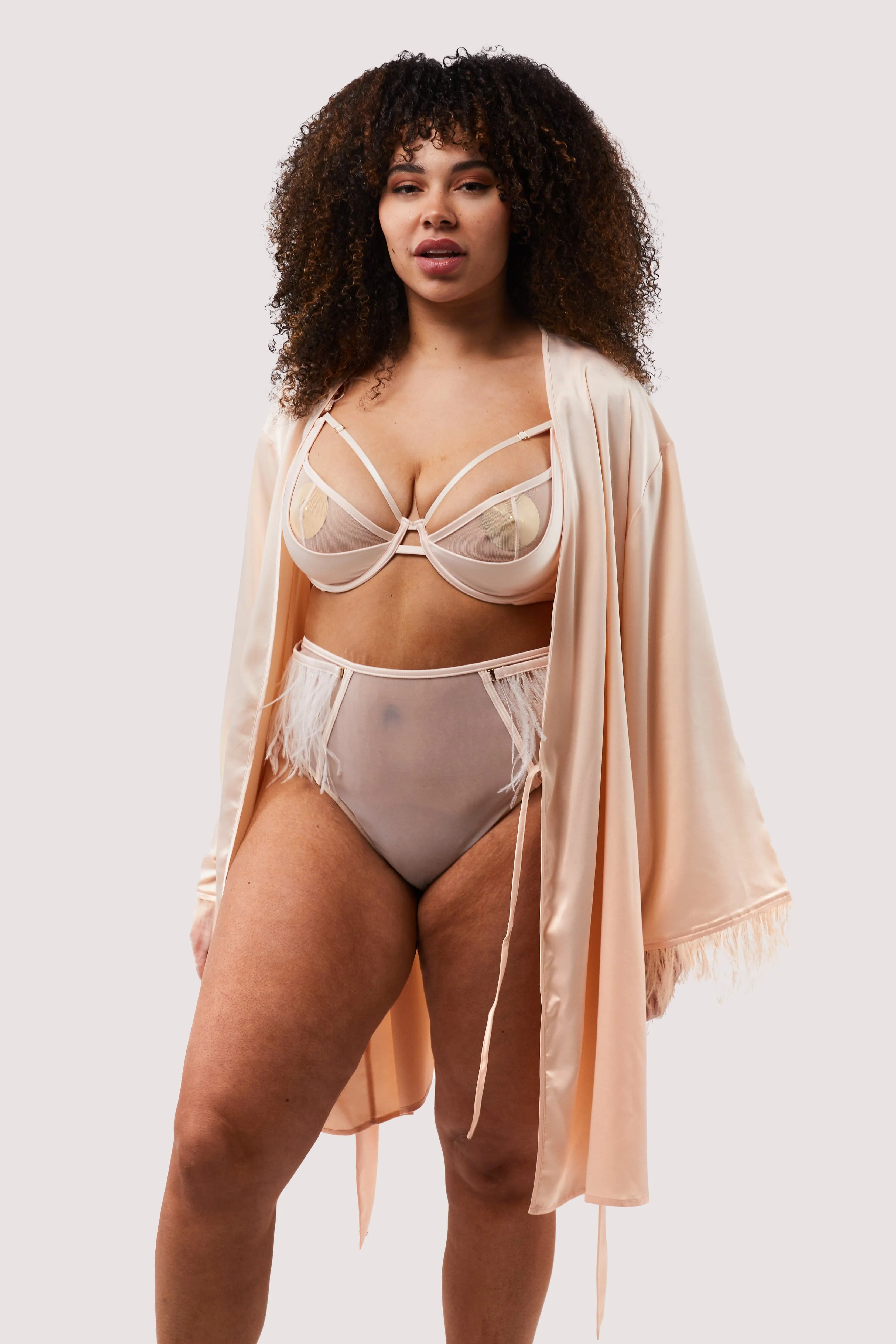 Cassiopeia Blush Pink Satin And Feather Kimono