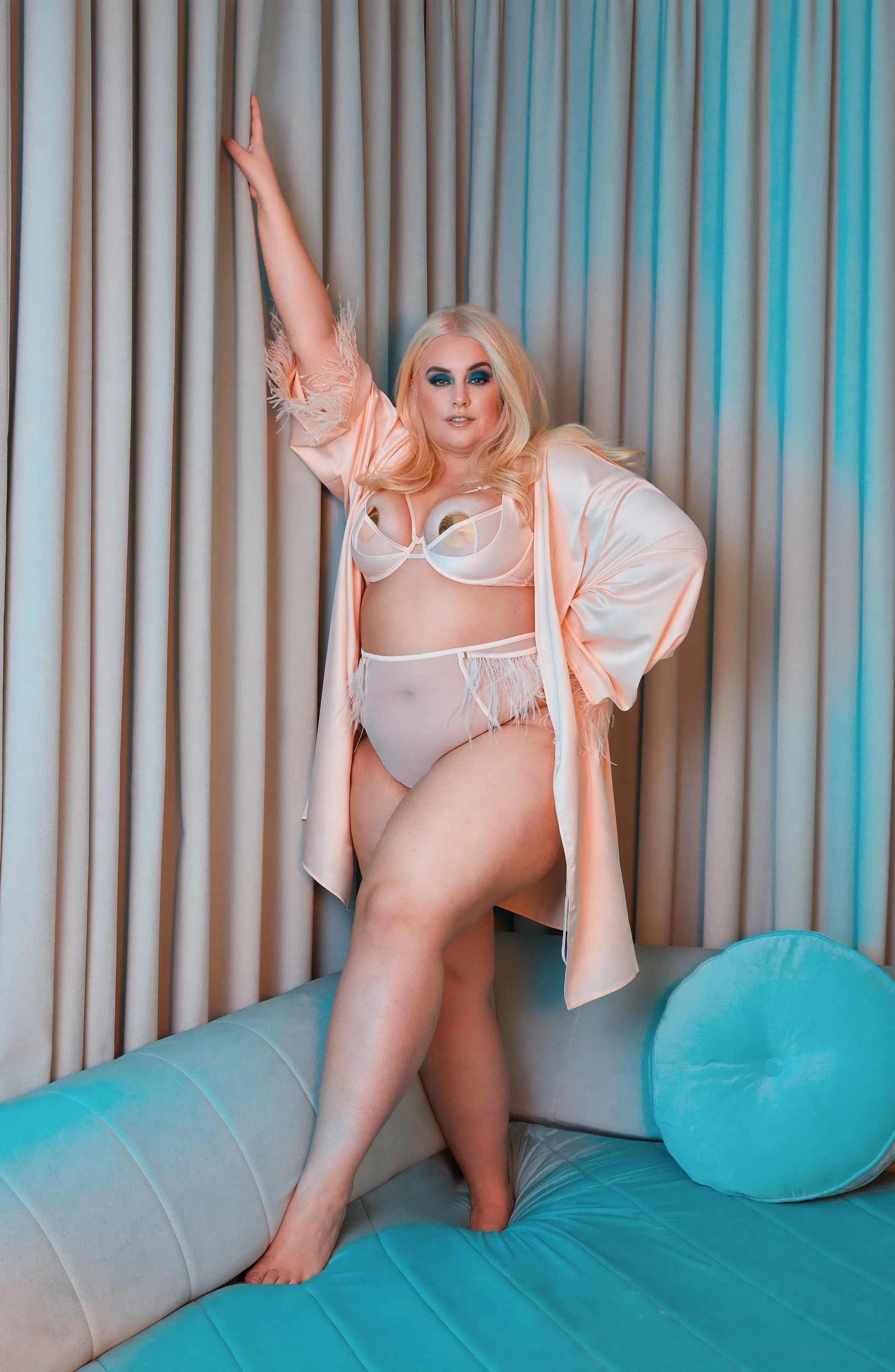 Cassiopeia Blush Pink Satin And Feather Kimono