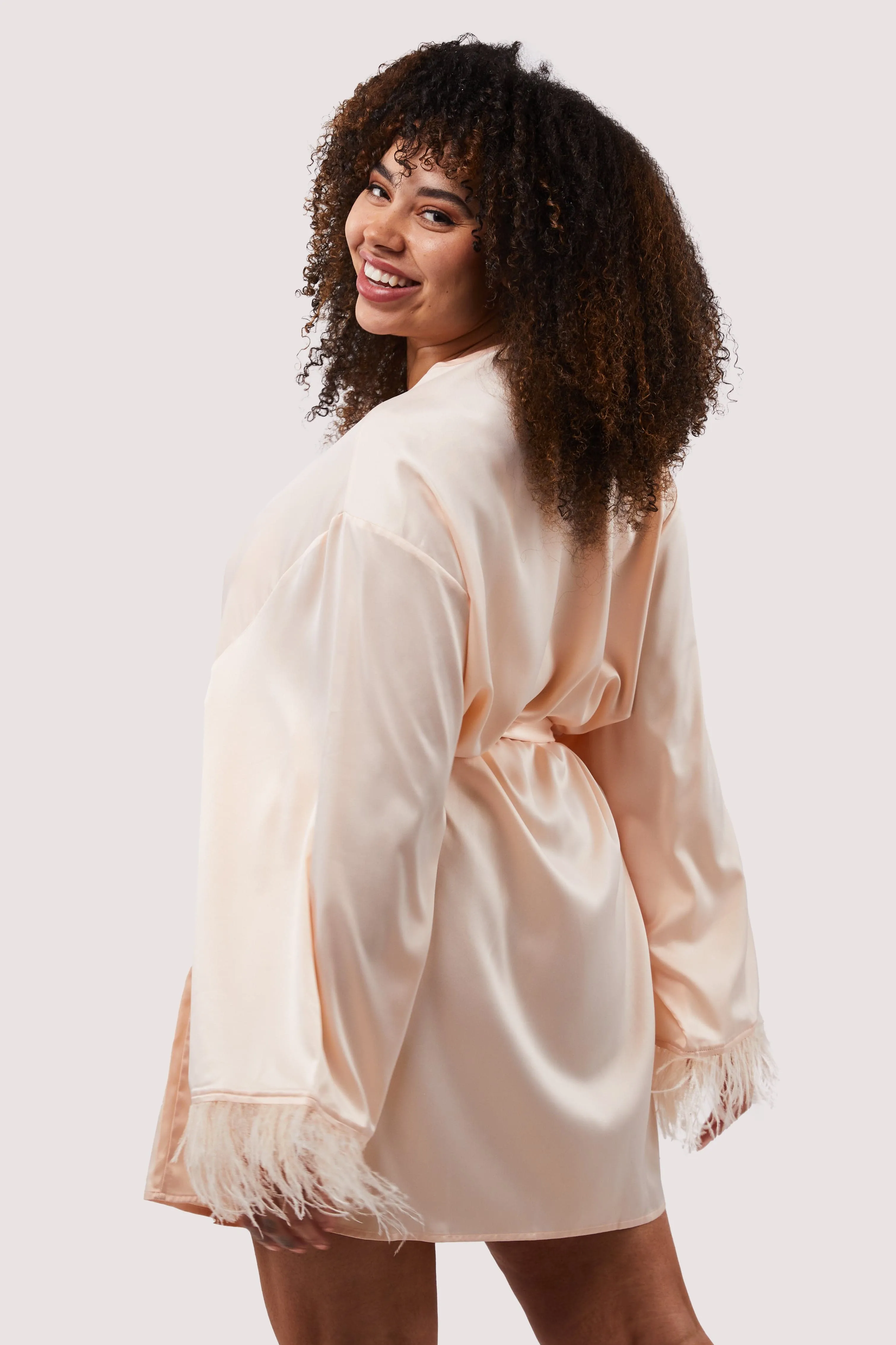 Cassiopeia Blush Pink Satin And Feather Kimono