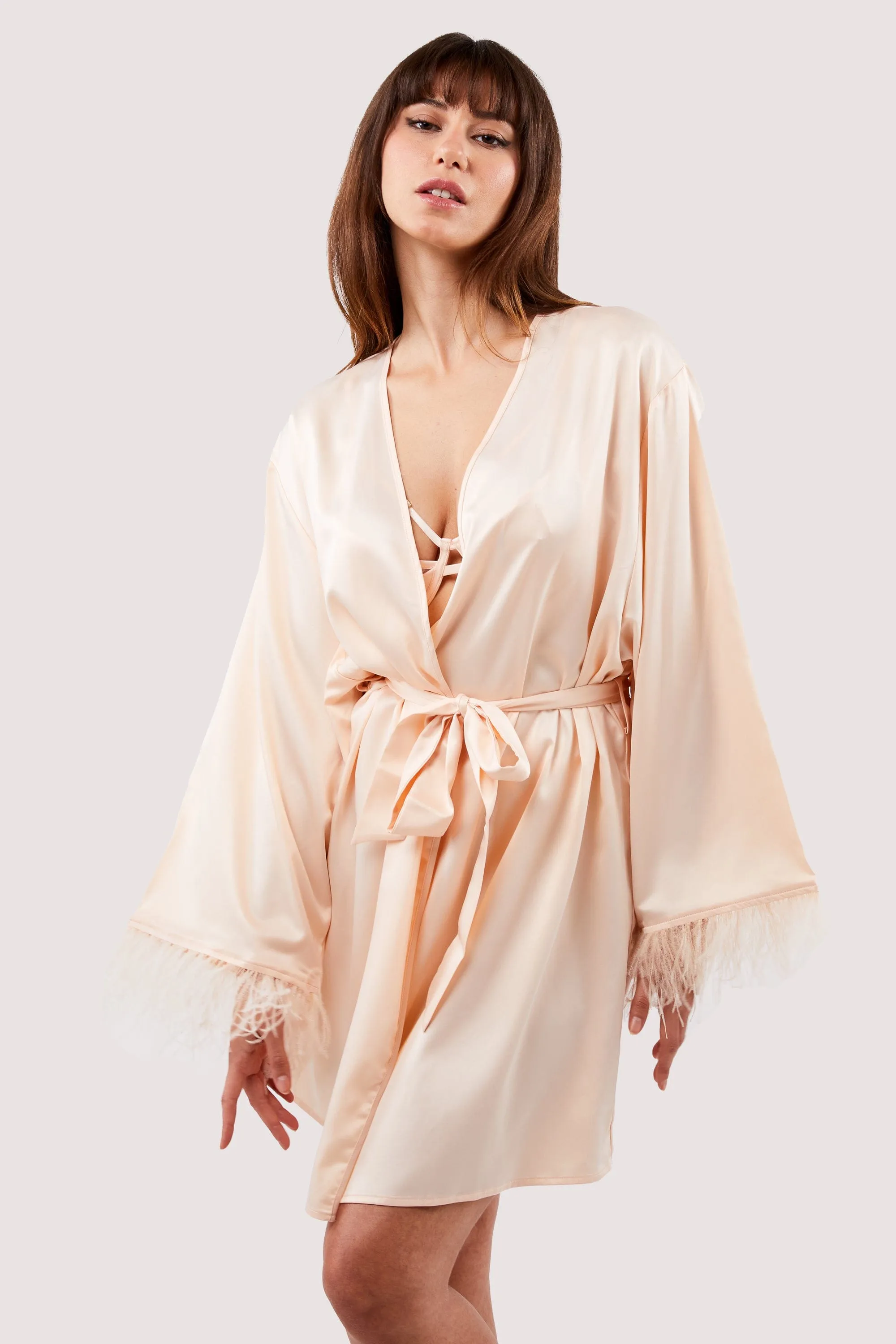 Cassiopeia Blush Pink Satin And Feather Kimono