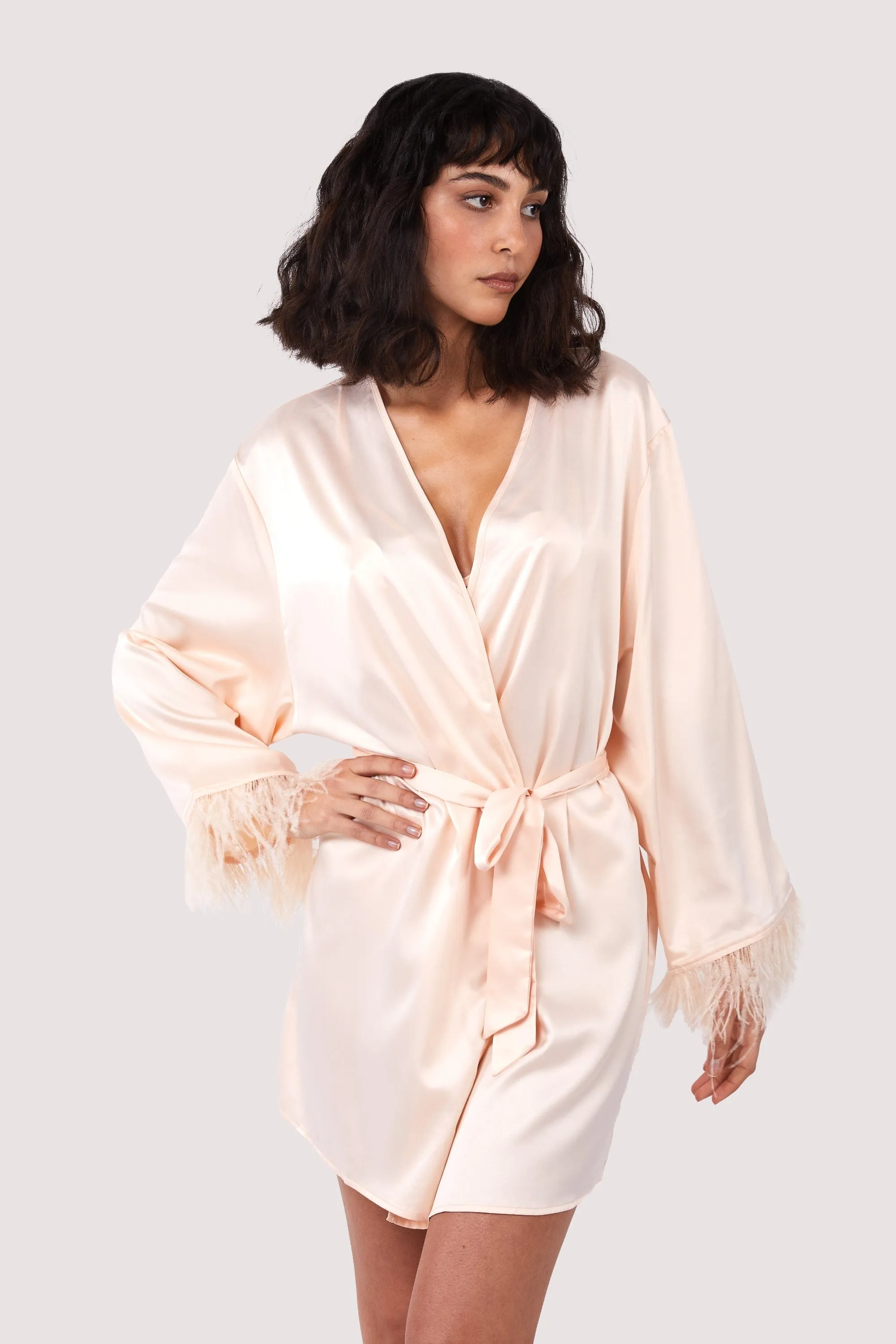 Cassiopeia Blush Pink Satin And Feather Kimono