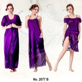 Designer 3 Pcs Nighty Set - SW-2077B - Satin Silk Nighty by Skin Wrap