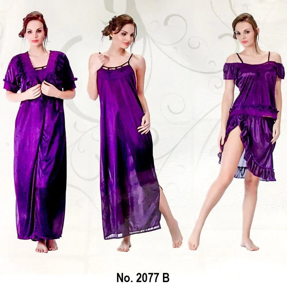 Designer 3 Pcs Nighty Set - SW-2077B - Satin Silk Nighty by Skin Wrap