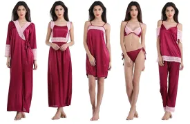 Designer mart Women's Satin Nightwear Set of 6 Pcs Nighty, Wrap Gown, Top,Pajama, Bra & Thong