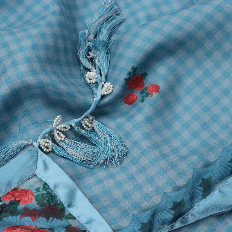 Digital Printed Blue Chaukdi Gulab Saree