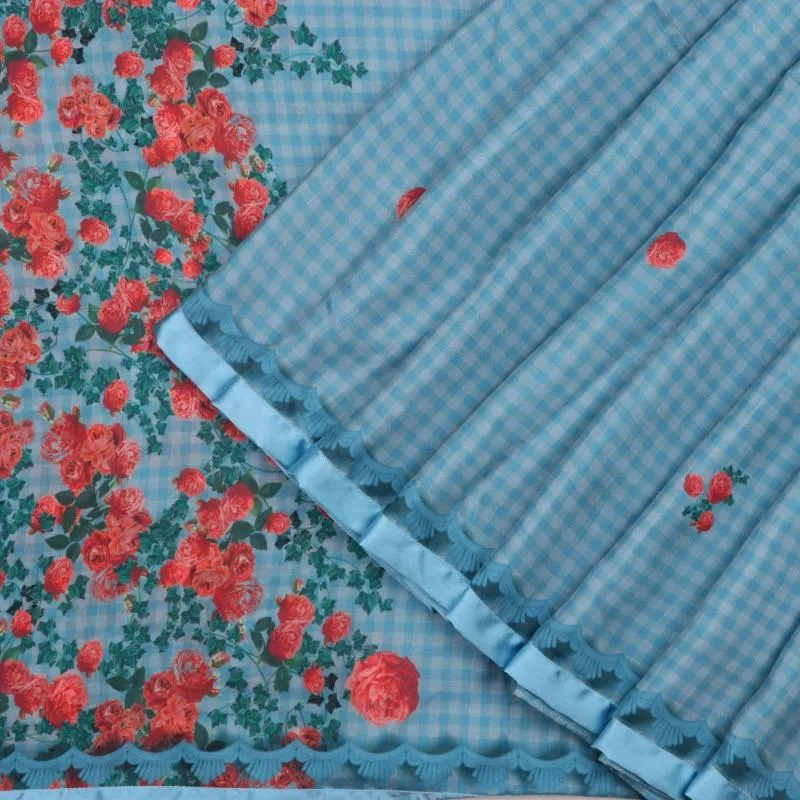 Digital Printed Blue Chaukdi Gulab Saree