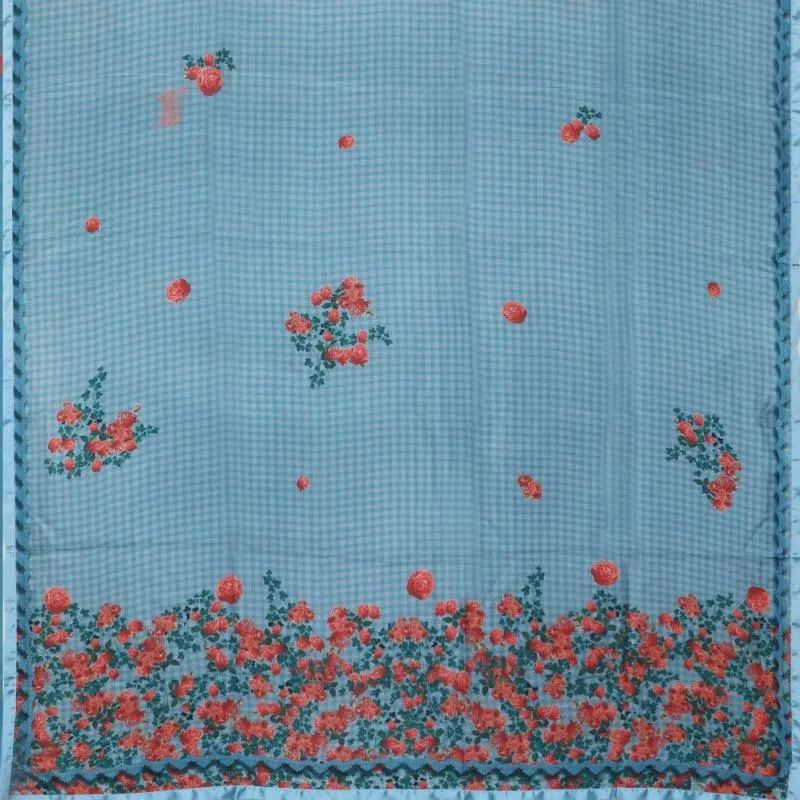 Digital Printed Blue Chaukdi Gulab Saree