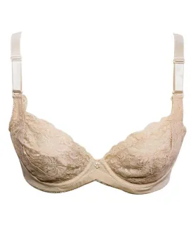 Embroidered Designed Beige Net Bra , Non Padded - Under Wired Bra - By Sexy Lady