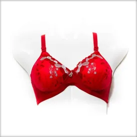 Embroidered Single Padded Red Bra