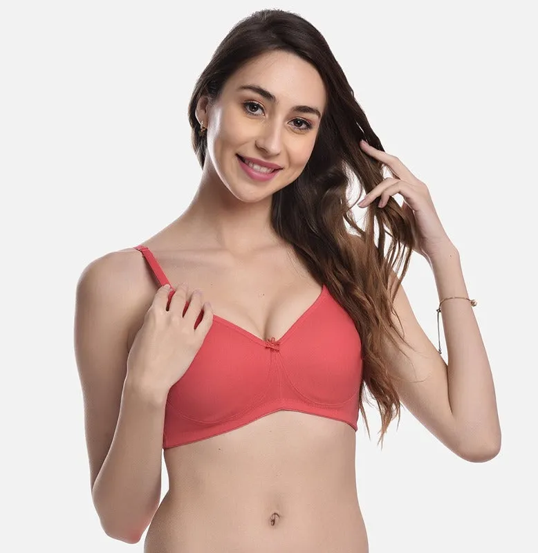 FIMS Fashion Women Cotton Blend Solid Moulded Bra Pack of 3 Orange Pink Rani