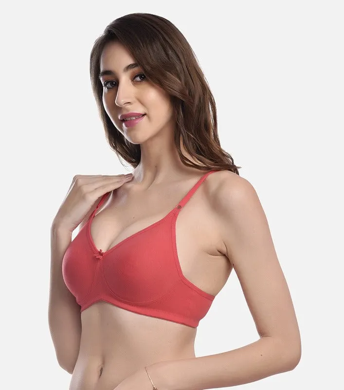 FIMS Fashion Women Cotton Blend Solid Moulded Bra Pack of 3 Orange Pink Rani