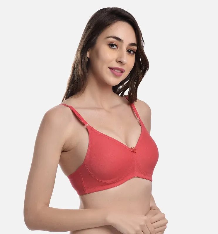 FIMS Fashion Women Cotton Blend Solid Moulded Bra Pack of 3 Orange Pink Rani