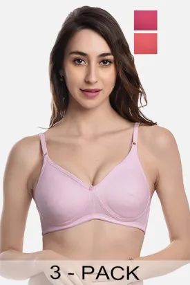 FIMS Fashion Women Cotton Blend Solid Moulded Bra Pack of 3 Orange Pink Rani