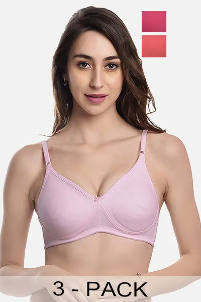 FIMS Fashion Women Cotton Blend Solid Moulded Bra Pack of 3 Orange Pink Rani