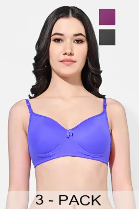 FIMS Fashion Women Cotton Blend Solid Padded Bra Pack of 3 Blue Purple Black