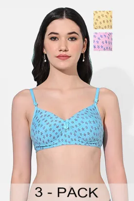FIMS Fashion Women Cotton Blend Star Print Padded Bra Pack of 3 Blue Pink Yellow
