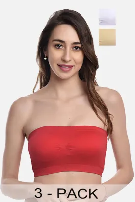 FIMS Fashion Women Nylon Elastane Bandeau Bra Seamless Pack of 3 Red White Beige