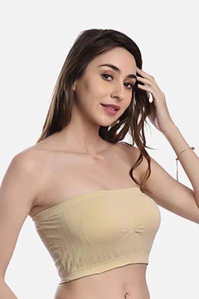 FIMS Fashion Women Nylon Elastane Bandeau Bra Seamless Pack of 3 Red White Beige