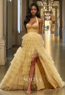 Halter Sweetheart Sleeveless Tiered A-Line Prom Dress Off-Shoulder Tulle Formal Gowns with High Slit