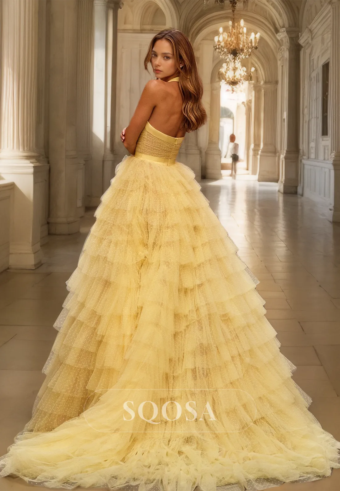 Halter Sweetheart Sleeveless Tiered A-Line Prom Dress Off-Shoulder Tulle Formal Gowns with High Slit