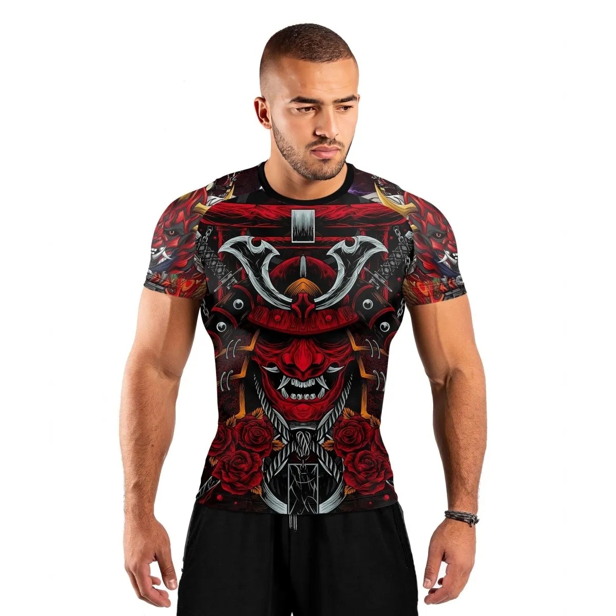 Japanese Red Demon Samurai Short Sleeve Rash Guard