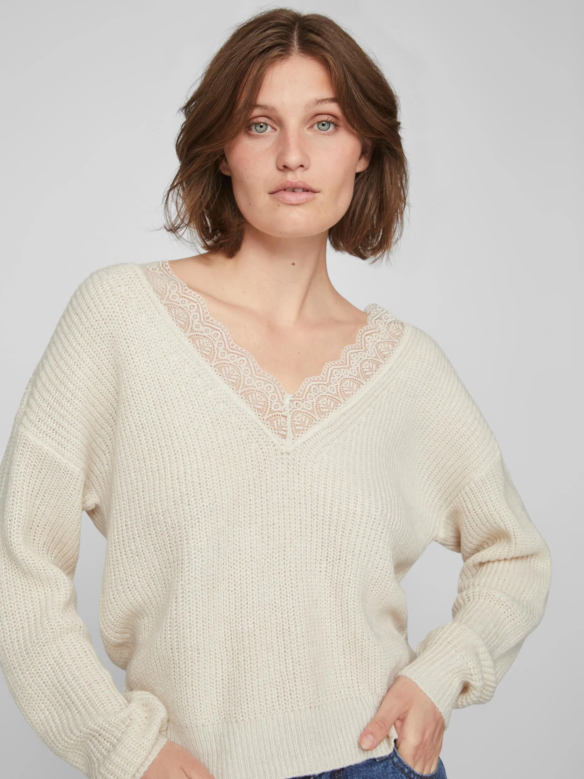 LACY V-NECK JUMPER (NATURAL MELANGE)