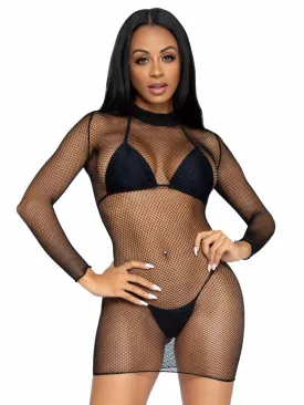 Leg Avenue Ultra Net Long Sleeve High Neck Mini Dress - One   Size - Black