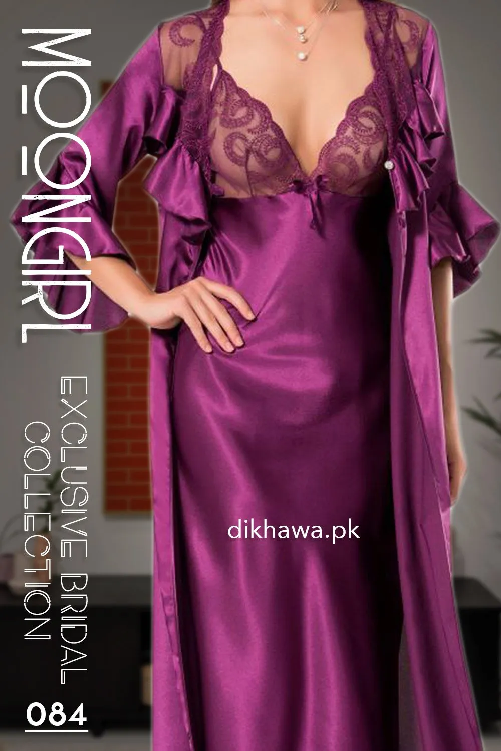 Moongirl - Exclusive Bridal 2Pc Long Nighty Set with Robe - Wedding Nighty Set 084 - Turkish Brand
