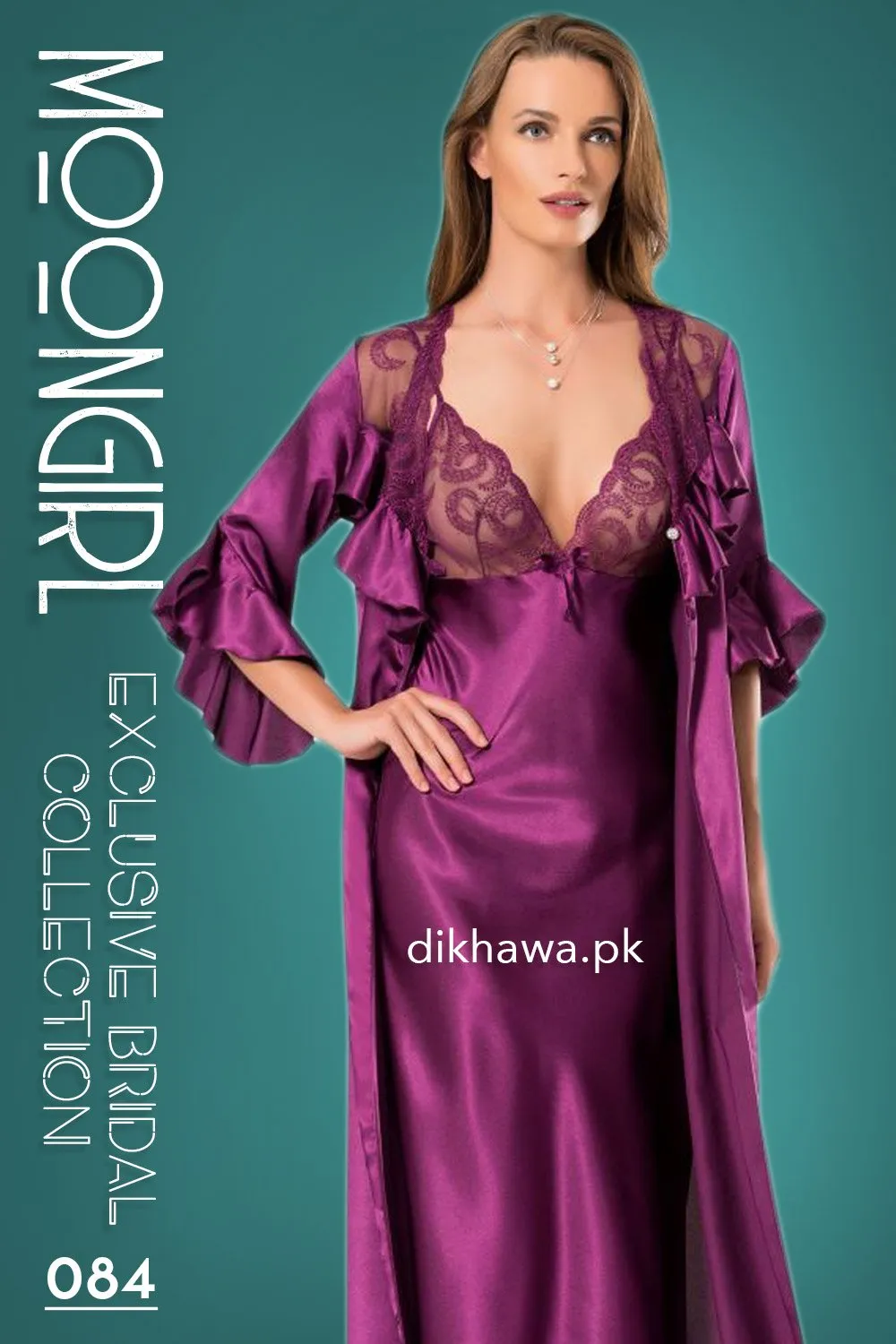 Moongirl - Exclusive Bridal 2Pc Long Nighty Set with Robe - Wedding Nighty Set 084 - Turkish Brand