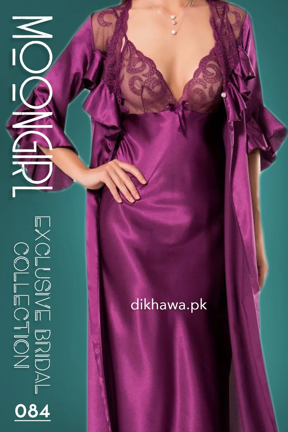 Moongirl - Exclusive Bridal 2Pc Long Nighty Set with Robe - Wedding Nighty Set 084 - Turkish Brand