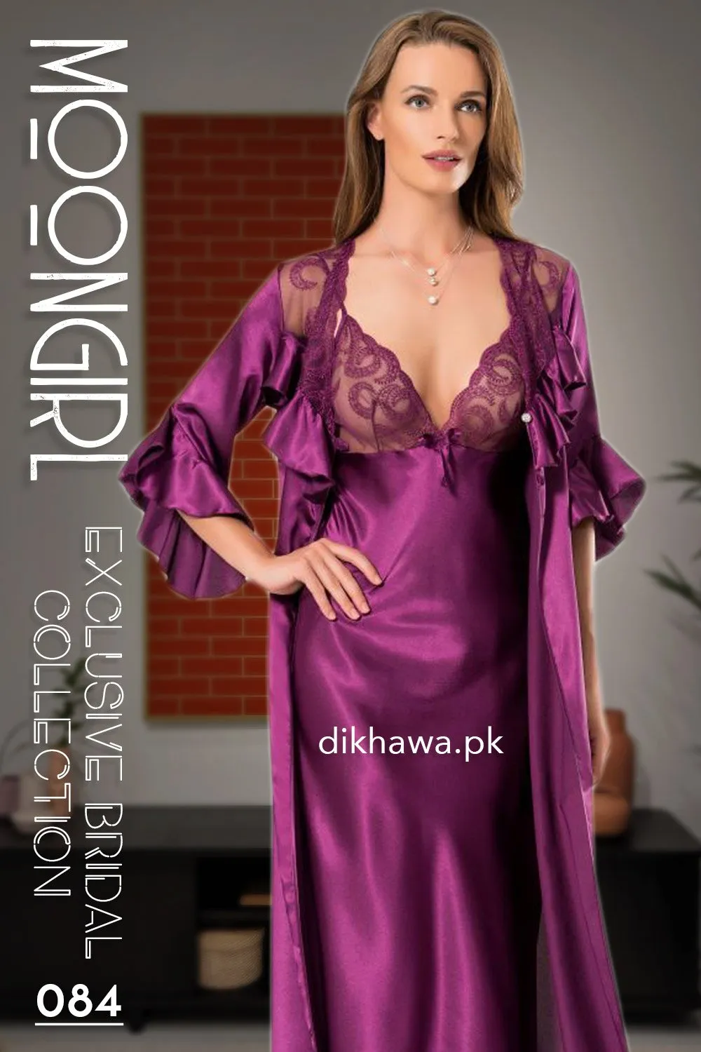 Moongirl - Exclusive Bridal 2Pc Long Nighty Set with Robe - Wedding Nighty Set 084 - Turkish Brand