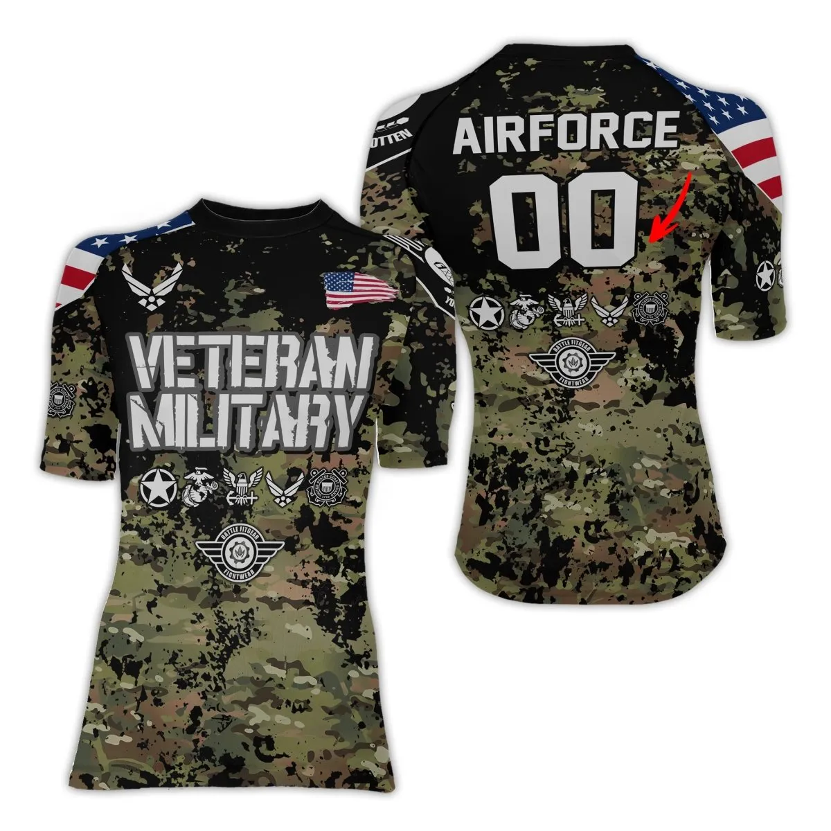 Personalized Veteran Air Force Camouflage Women's Short Sleeve Rash Guard