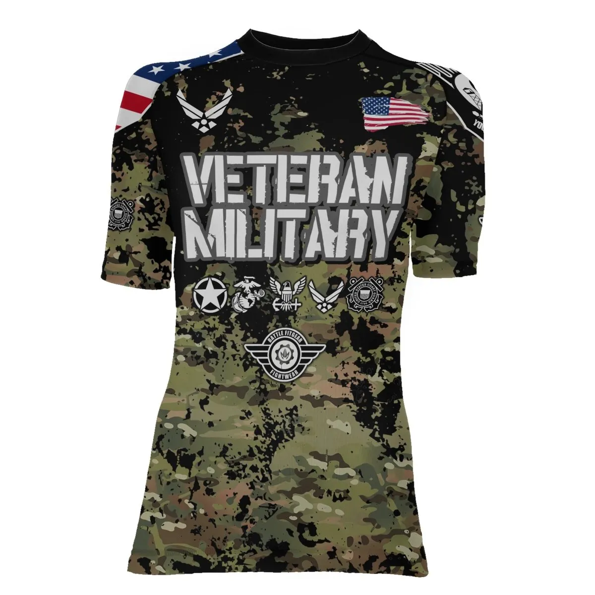 Personalized Veteran Air Force Camouflage Women's Short Sleeve Rash Guard