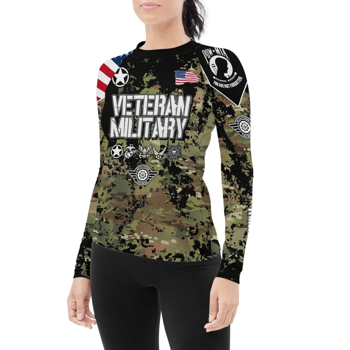 Personalized Veteran Army Camouflage Women's Long Sleeve Rash Guard