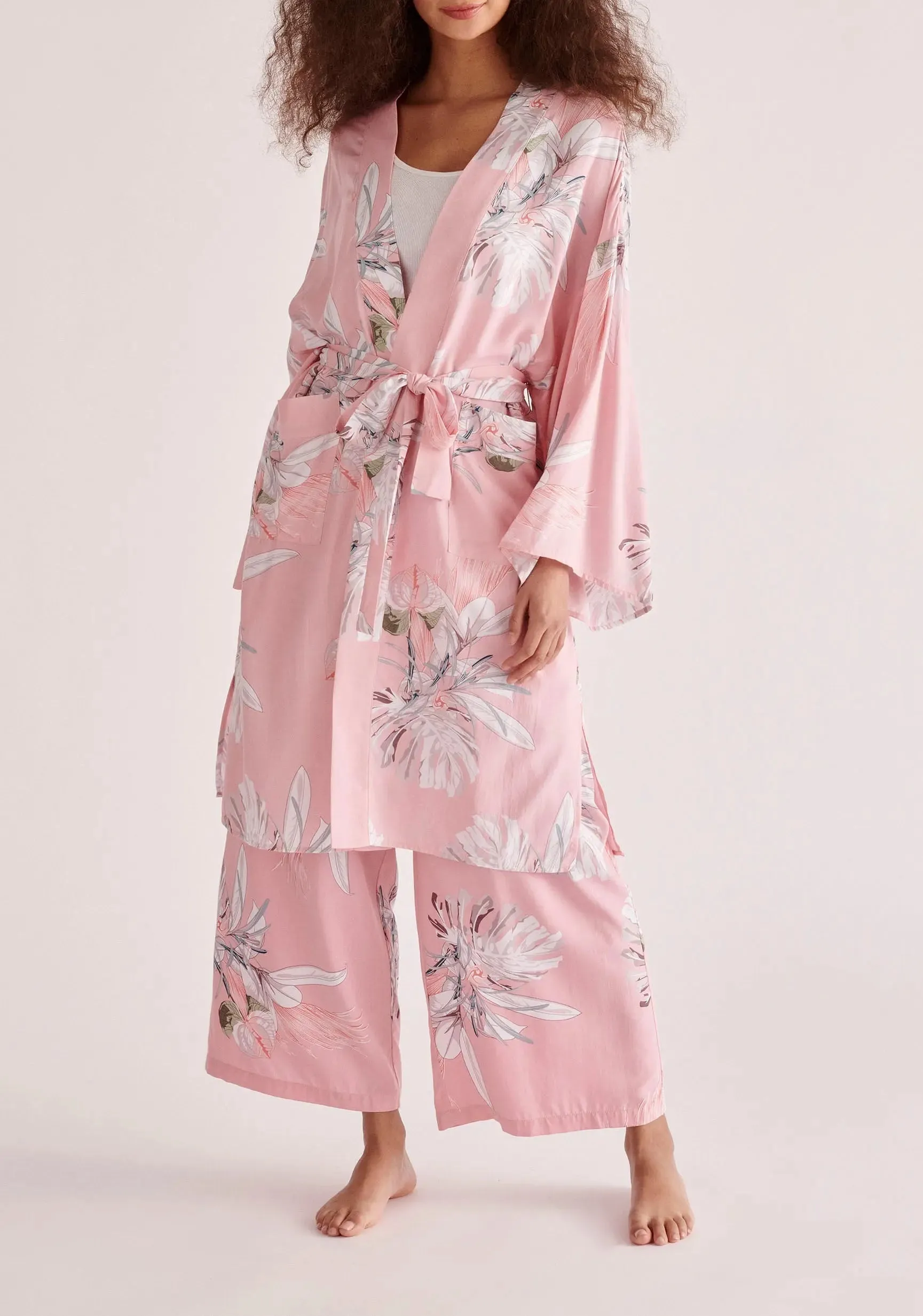 Pink, White and Green Floral Kimono Robe