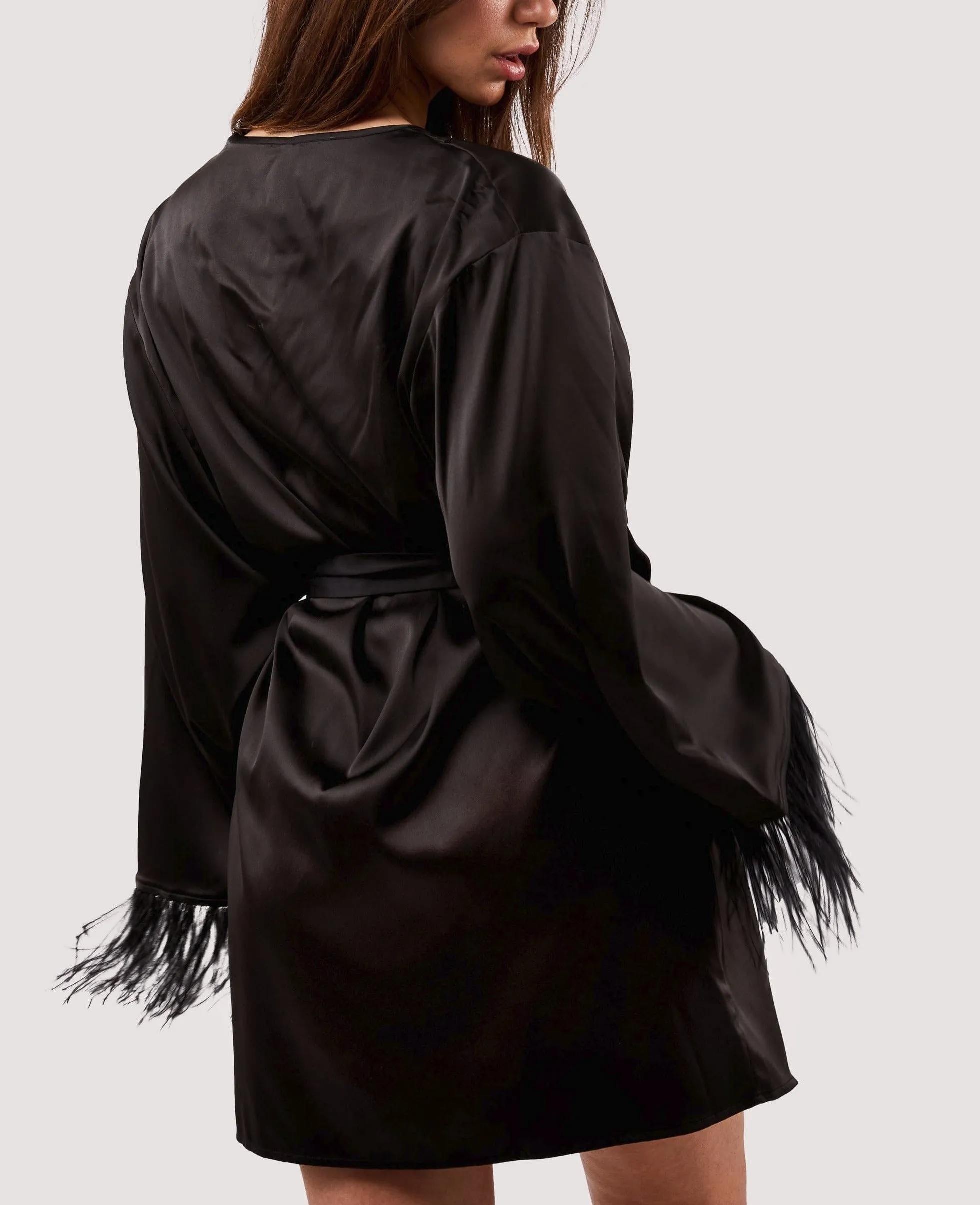 Playful Promises Sirus Black Satin And Feather Kimono Robe FH070B
