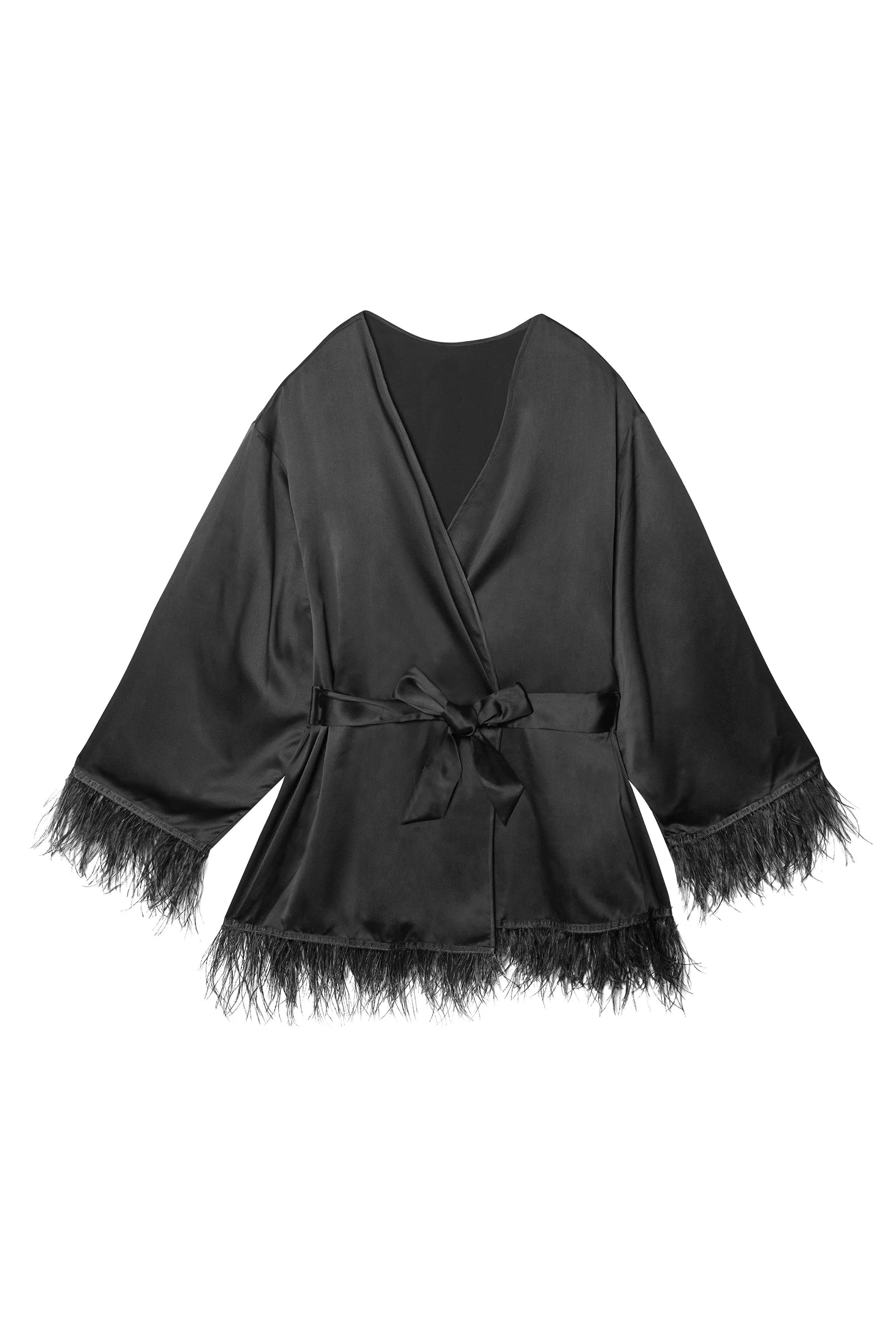 Playful Promises Sirus Black Satin And Feather Kimono Robe FH070B