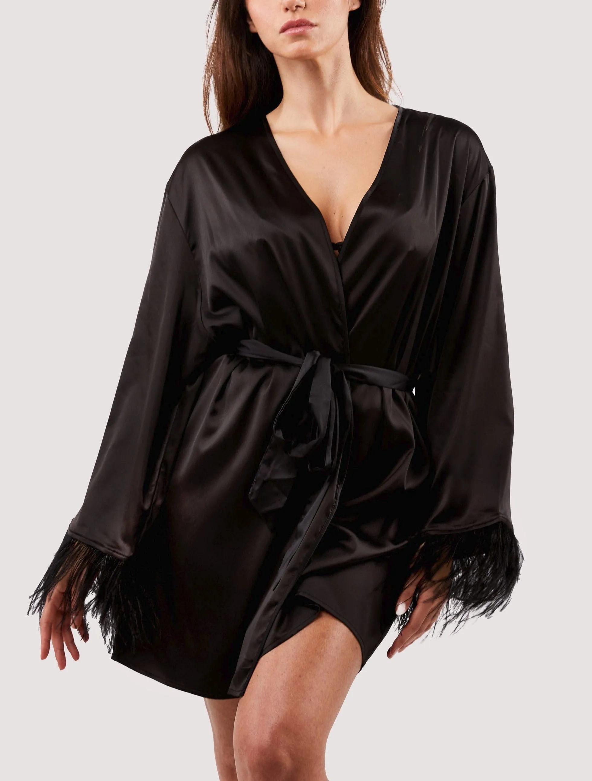 Playful Promises Sirus Black Satin And Feather Kimono Robe FH070B