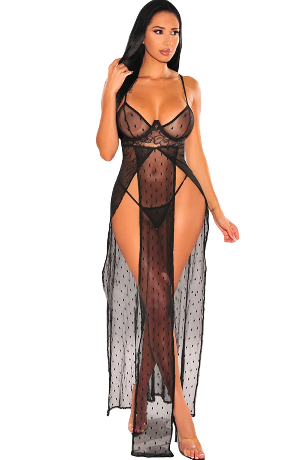 Sheer Lace Double Splits Maxi Gown with Thong Lingerie Set