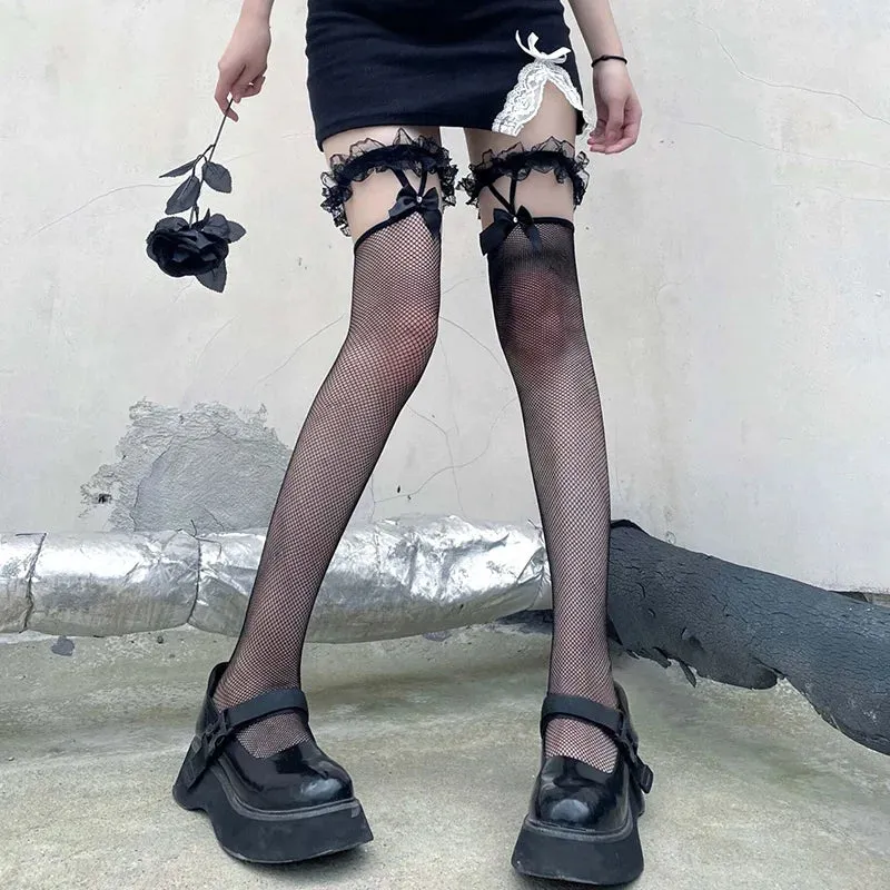 Sohiwoo Women Lace Stocking Lingerie Thigh High Over Knee Butterfly Knot Nylon Stockings Transparent Black Female Mesh Fishnet Socks