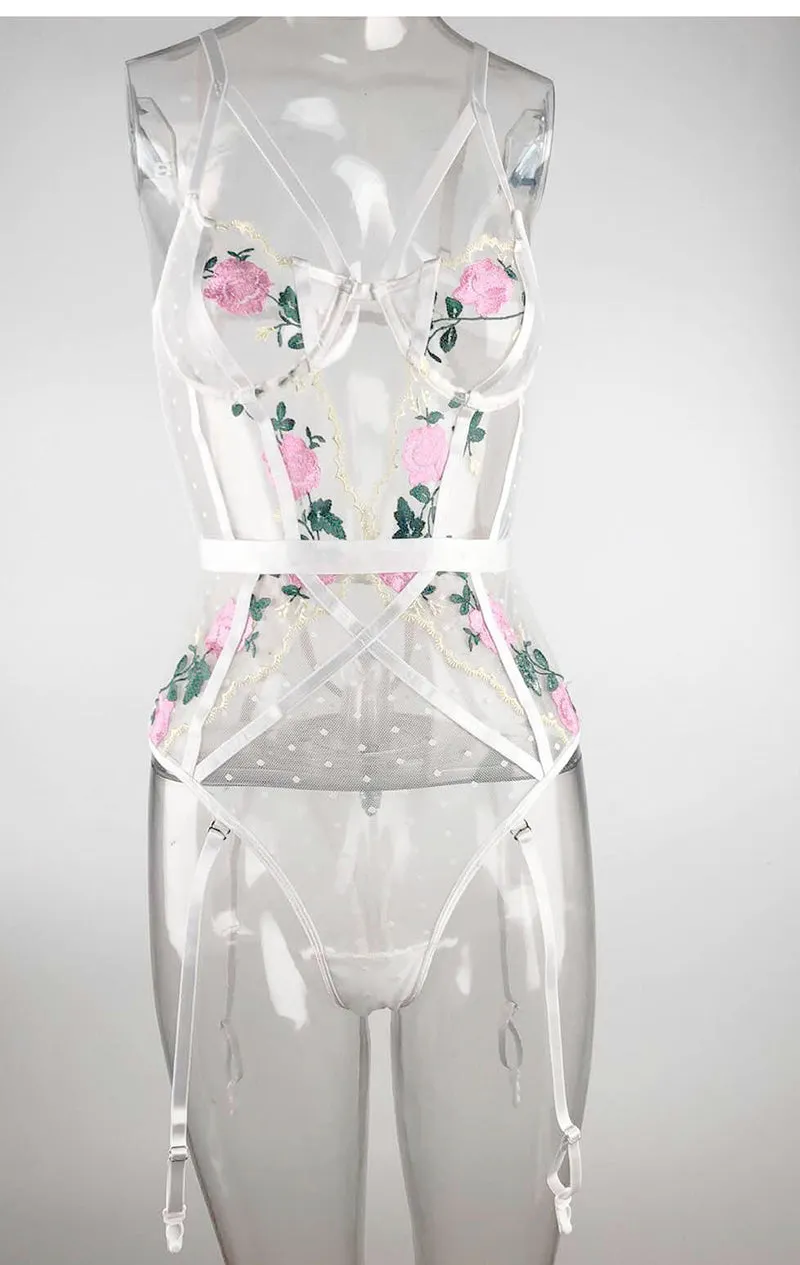 VenusFox Sexy Lingerie with Garter Belt Sex Underwear Set Floral Bra Panty Bodysuits Teddy Babydoll Nightwear Women Hot Erotic Sleepwear